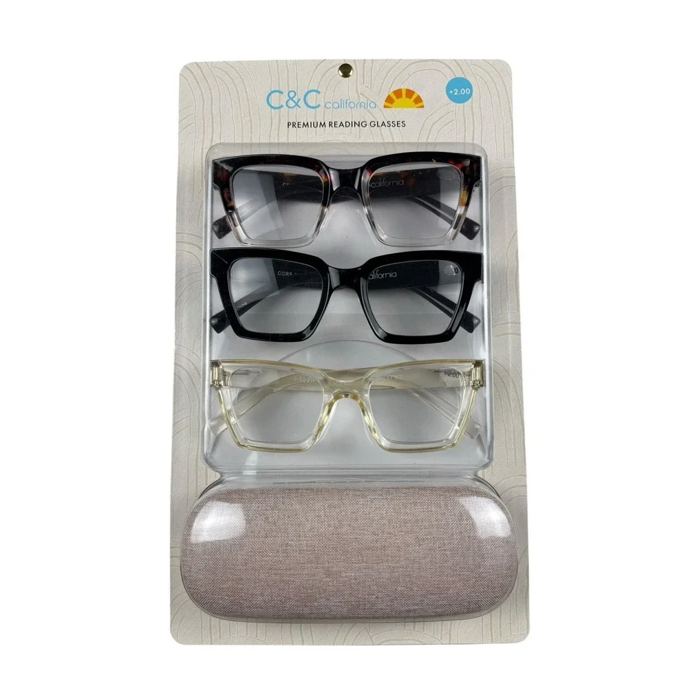 C&C CALIFORNIA Reading Glasses +2.00 Womens 3 Pair Set Case NEW‎ SEALED